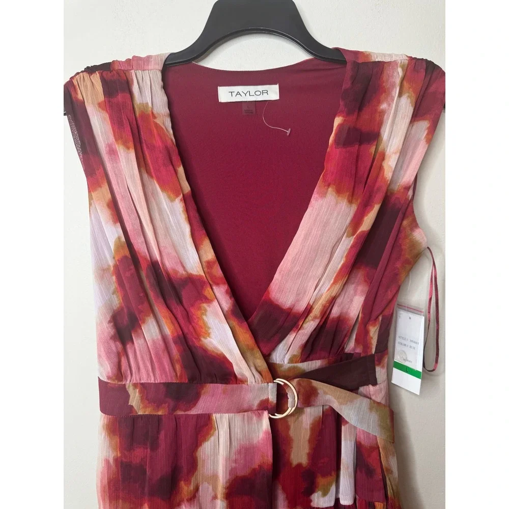 Taylor Burgundy Pink Watercolor Floral Chiffon V-Neck Belted Dress - Picture 2 of 7